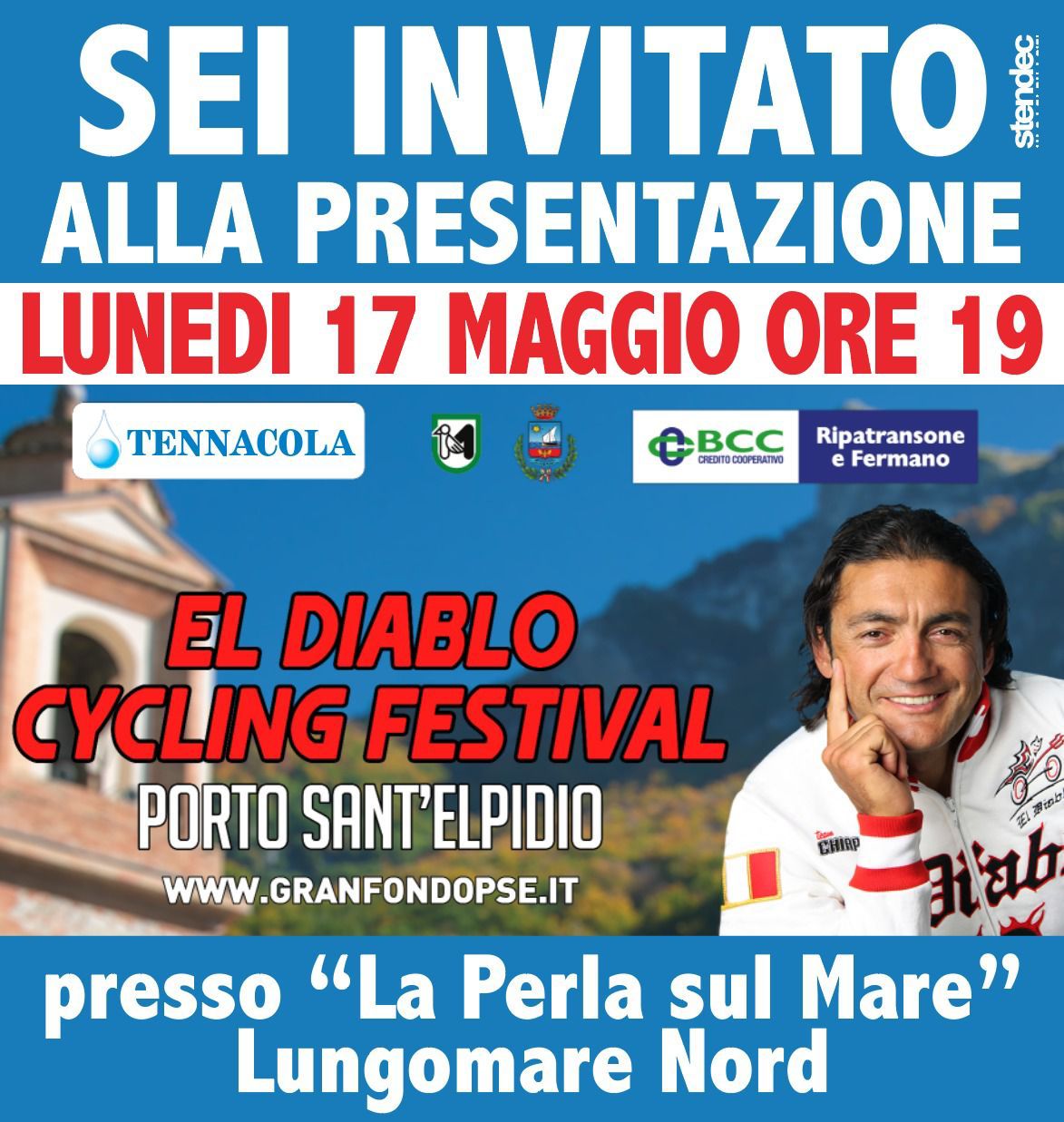 Invito alla presentazione di El Diablo Cycling Festival a Porto Sant'Elpidio, Marche con Claudi Chiappucci